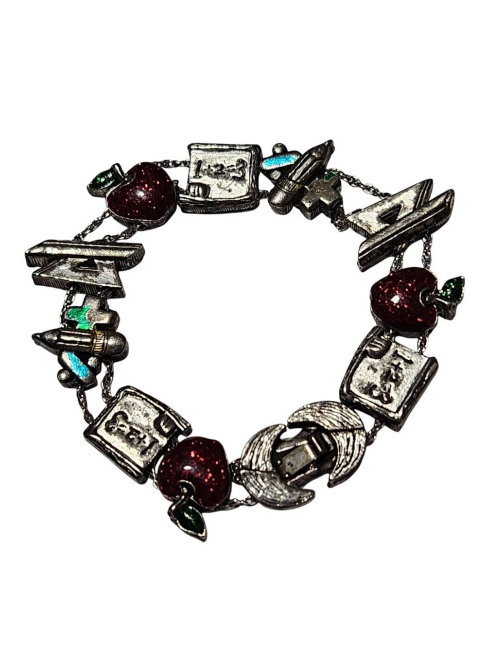 Vintage Teacher Themed Charm Bracelet Red Glitter Apples Books School Supplies